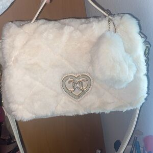 Juicy Let’s Get Cozy White Faux Fur Heart Accent Crossbody Bag